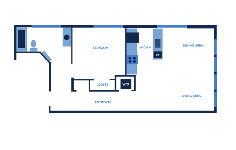 Floor plan for 1 bed, 1 bath, 766 sqft